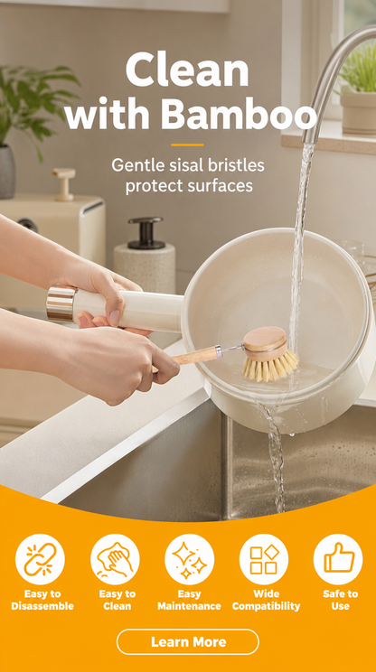 5 Pcs Bamboo Dish Brush Set – Long Handle Kitchen Scrub Brushes
