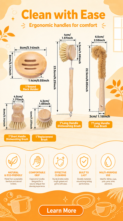 5 Pcs Bamboo Dish Brush Set – Long Handle Kitchen Scrub Brushes
