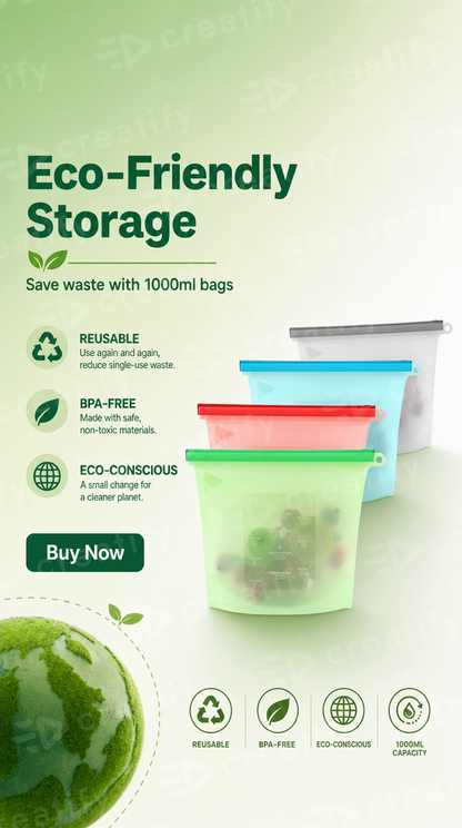 Single Reusable Silicone Storage Bag - 34 oz