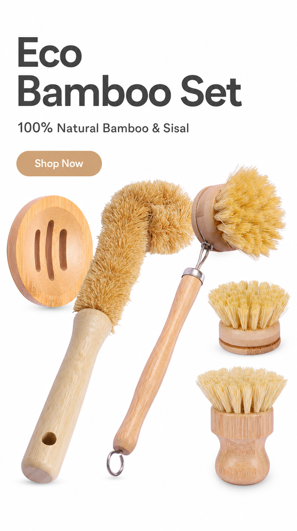 5 Pcs Bamboo Dish Brush Set – Long Handle Kitchen Scrub Brushes