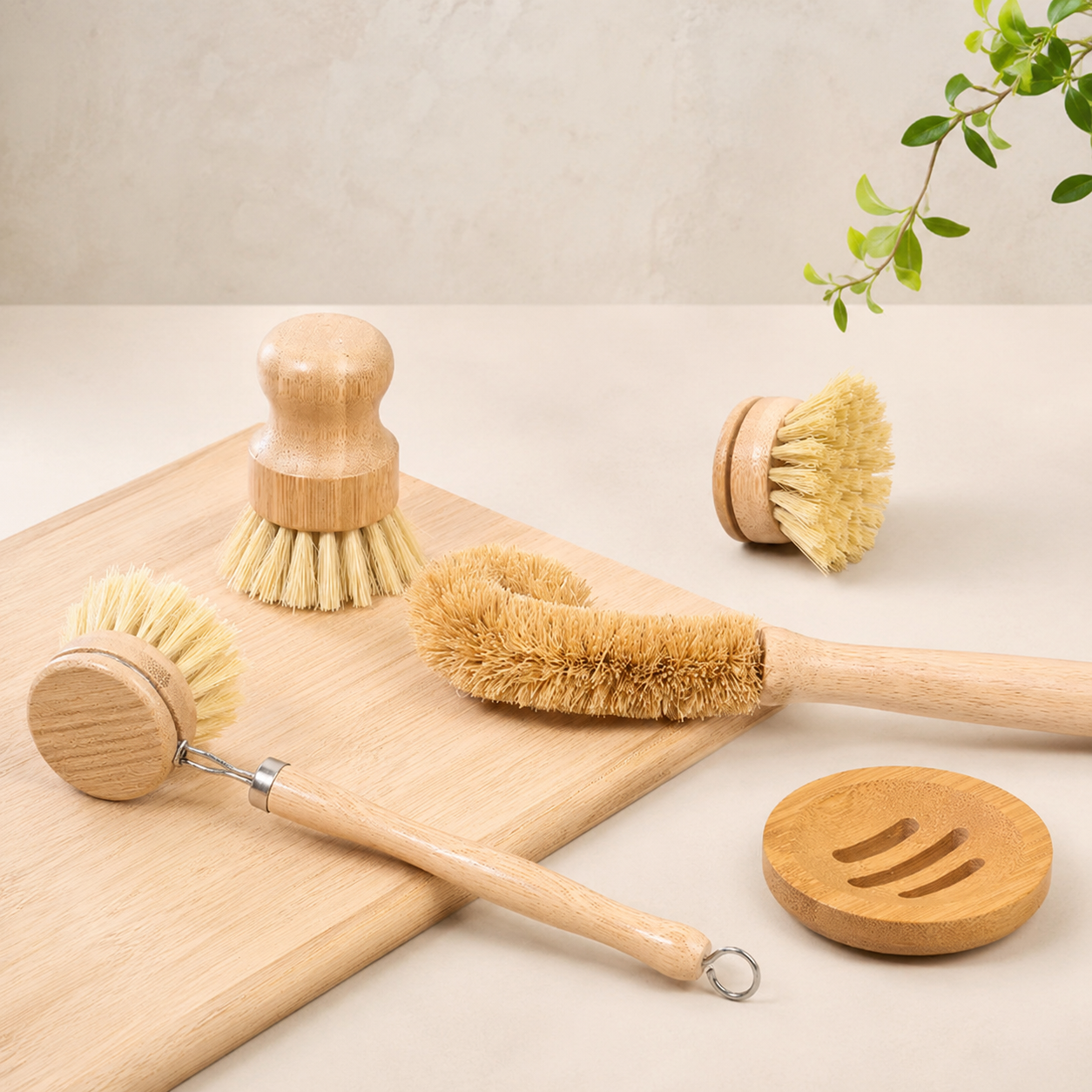 5 Pcs Bamboo Dish Brush Set – Long Handle Kitchen Scrub Brushes